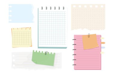 Not, nota nota şarjörlü, post-postit. Planlayıcı defter sayfası. Fikir listesi. Not etiketi yapıştırın. Çerçeve, hatırlatma. Vektör illüstrasyonu