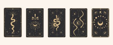 Tarot sınır büyüsünü tersine çeviriyor altın çerçeveli sınır çizgisi esrarengiz esrarengiz örtülü kart dekorasyonu. Karanlık arka planda yılan yıldızları ve ay var. Vektör illüstrasyonu