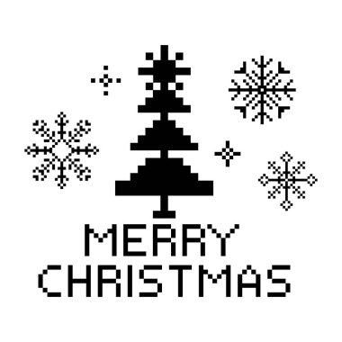 Mutlu noel pikselleri, ağaç, kar fırtınası ve sınır dekorasyonlu retro metinler. Kış çerçevesi. Baskı, dekorasyon. Selamlar. Vektör illüstrasyonu