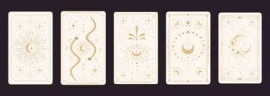 Tarot sınır büyüsünü tersine çeviriyor altın çerçeveli sınır çizgisi esrarengiz esrarengiz örtülü kart dekorasyonu. Karanlık arka planda yılan yıldızları ve ay var. Vektör illüstrasyonu