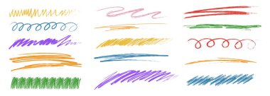 Tebeşir çizgileri ve karalamalar, elle çizilmiş karalama çizgileri kalın çizgi çizgileri, şap. Karışık pastel boya fırçası karalamaları ya da dalgalı vuruşlar. Vektör illüstrasyonu