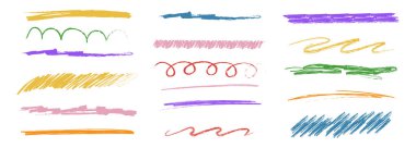 Tebeşir çizgileri ve karalamalar, elle çizilmiş karalama çizgileri kalın çizgi çizgileri, şap. Karışık pastel boya fırçası karalamaları ya da dalgalı vuruşlar. Vektör illüstrasyonu