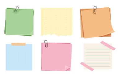 Not, nota nota şarjörlü, post-postit. Planlayıcı defter sayfası. Fikir listesi. Not etiketi yapıştırın. Çerçeve, hatırlatma. Vektör illüstrasyonu