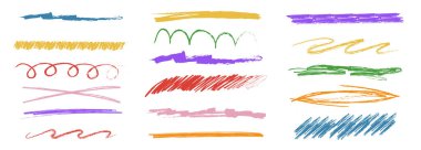 Tebeşir çizgileri ve karalamalar, elle çizilmiş karalama çizgileri kalın çizgi çizgileri, şap. Karışık pastel boya fırçası karalamaları ya da dalgalı vuruşlar. Vektör illüstrasyonu