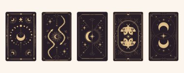 Tarot sınır büyüsünü tersine çeviriyor altın çerçeveli sınır çizgisi esrarengiz esrarengiz örtülü kart dekorasyonu. Karanlık arka planda yılan yıldızları ve ay var. Vektör illüstrasyonu