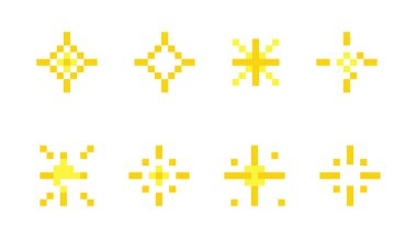 Piksel yıldızı retro 8 bit ışıltı seti. Parlak oyun pikseli sanat efekti seti. Havai fişek patlaması, uzay dekorasyonu. 90 'ların estetiği, evet. Vektör illüstrasyonu