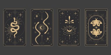 Tarot sınır büyüsünü tersine çeviriyor altın çerçeveli sınır çizgisi esrarengiz esrarengiz örtülü kart dekorasyonu. Karanlık arka planda yılan yıldızları ve ay var. Vektör illüstrasyonu