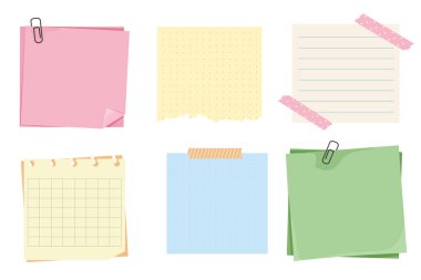 Not, nota nota şarjörlü, post-postit. Planlayıcı defter sayfası. Fikir listesi. Not etiketi yapıştırın. Çerçeve, hatırlatma. Vektör illüstrasyonu