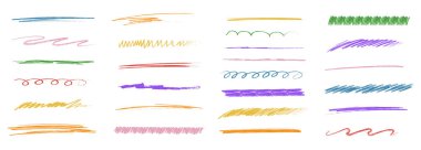 Tebeşir çizgileri ve karalamalar, elle çizilmiş karalama çizgileri kalın çizgi çizgileri, şap. Karışık pastel boya fırçası karalamaları ya da dalgalı vuruşlar. Vektör illüstrasyonu