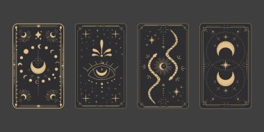 Tarot sınır büyüsünü tersine çeviriyor altın çerçeveli sınır çizgisi esrarengiz esrarengiz örtülü kart dekorasyonu. Karanlık arka planda yılan yıldızları ve ay var. Vektör illüstrasyonu
