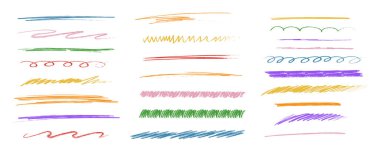 Tebeşir çizgileri ve karalamalar, elle çizilmiş karalama çizgileri kalın çizgi çizgileri, şap. Karışık pastel boya fırçası karalamaları ya da dalgalı vuruşlar. Vektör illüstrasyonu