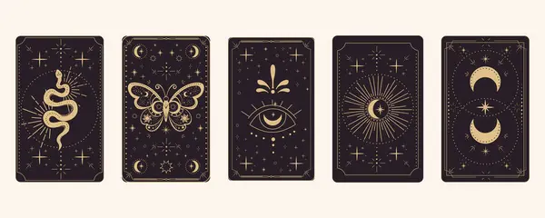 Tarot sınır büyüsünü tersine çeviriyor altın çerçeveli sınır çizgisi esrarengiz esrarengiz örtülü kart dekorasyonu. Karanlık arka planda yılan yıldızları ve ay var. Vektör illüstrasyonu