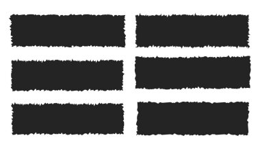 Parçalanmış dikdörtgen sivri kenarlı metin kutusu, başlık kenarı. Yırtılmış ve yırtılmış kağıt parçası. Siyah kağıt siluet kolaj şekli. Vektör illüstrasyonu