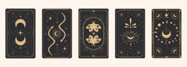 Tarot sınır büyüsünü tersine çeviriyor altın çerçeveli sınır çizgisi esrarengiz esrarengiz örtülü kart dekorasyonu. Karanlık arka planda yılan yıldızları ve ay var. Vektör illüstrasyonu