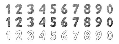 Karalama numarası, sayısal çizgi çizgi çizgi figürünü ayarlayın. 1 'den 0' a elle çizilmiş sayılar. Çizim işareti vuruşu. Vektör illüstrasyonu