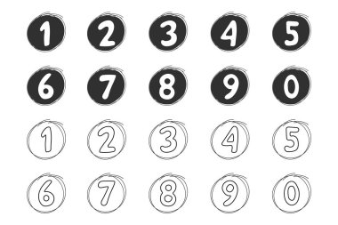 Karalama numarası, sayısal çizgi çizgi çizgi figürünü ayarlayın. 1 'den 0' a elle çizilmiş sayılar. Çizim işareti vuruşu. Vektör illüstrasyonu