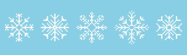 Pixel snowflake winter retro pixilated 8 bit game stamp. Set Holiday flake ornament. Simple crystal ornament. . Vector illustration clipart