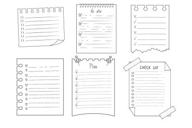 Kontrol listesi için ayarlayın sayfa karalaması boş. Hatırlatayım, not kağıdı beyaza izole olarak çizilmiş. Kalem planlayıcısı, not defteri, sayfa. - Evet. Vektör illüstrasyonu