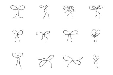 Kurdele ince çizgi üzerinde basit fiyonklar, paket için Bowknot. Hediye kurdelesi, karalama darbesi, dekorasyon. Hediye, paket ip, düğün unsurları. Vektör illüstrasyonu