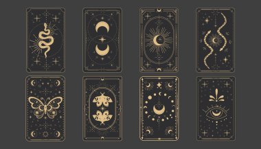 Tarot sınır büyüsünü tersine çeviriyor altın çerçeveli sınır çizgisi esrarengiz esrarengiz örtülü kart dekorasyonu karanlık arka planda yılan yıldızları güve ayıyla. Vektör illüstrasyonu