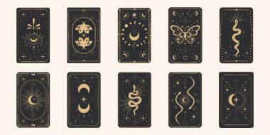 Tarot sınır büyüsünü tersine çeviriyor altın çerçeveli sınır çizgisi esrarengiz esrarengiz örtülü kart dekorasyonu. Karanlık arka planda yılan yıldızları ve ay var. Vektör illüstrasyonu