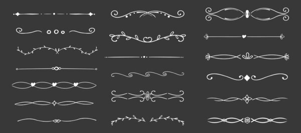 Swirl line chalk divider, doodle decorative fancy ornament border, simple hand drawn frame. Retro curve set flourish thin decorations on dark background. Vector illustration