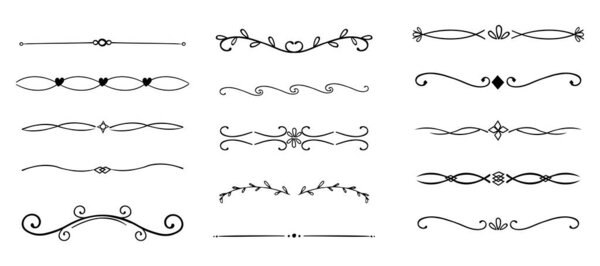 Swirl line divider, doodle decorative fancy ornament border, simple hand drawn frame. Retro curve set flourish thin decorations. Vector illustration