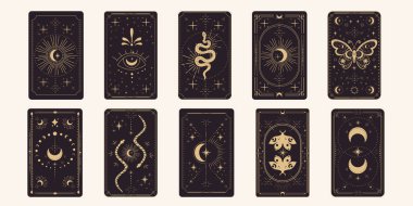 Tarot sınır büyüsünü tersine çeviriyor altın çerçeveli sınır çizgisi esrarengiz esrarengiz örtülü kart dekorasyonu. Karanlık arka planda yılan yıldızları ve ay var. Vektör illüstrasyonu