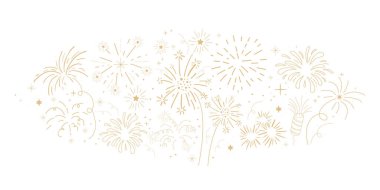Havai fişek patlamaları, altın patlamalar, karalama tarzında kıvılcımlar, kusursuz desenler sınırı. Tatil kutlaması dekorasyonu. - Evet. Vektör illüstrasyonu
