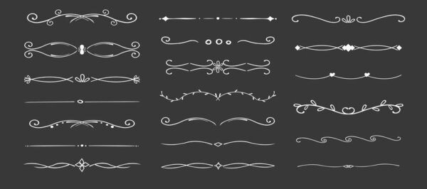 Swirl line chalk divider, doodle decorative fancy ornament border, simple hand drawn frame. Retro curve set flourish thin decorations on dark background. Vector illustration