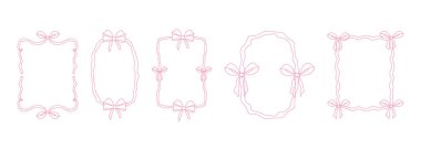Coquette pembe kurdele dantel yay, pembe dalgalı kenar y2k retro seti. Estetik kadın dekoru. Dalgalı kurdele. El çizimi. Vektör illüstrasyonu