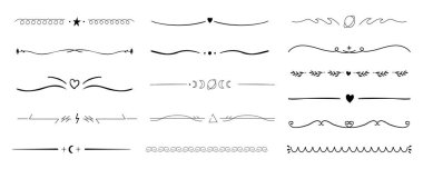 Girdap çizgisi ayırıcı, karalama dekoratif süs kenarı, basit el çizimi çerçeve. Retro eğri seti ince süslemeler sağlar. Vektör illüstrasyonu
