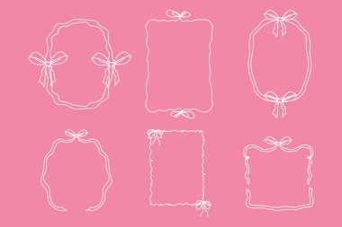 Coquette pembe kurdele dantel yay, pembe dalgalı kenar y2k retro seti. Estetik kadın dekoru. Dalgalı kurdele. El çizimi. Vektör illüstrasyonu