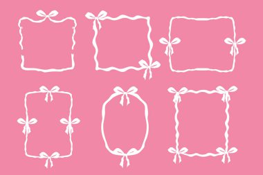 Coquette pembe kurdele dantel yay, pembe dalgalı kenar y2k retro seti. Estetik kadın dekoru. Dalgalı kurdele. El çizimi. Vektör illüstrasyonu