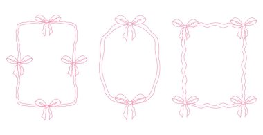 Coquette pembe kurdele dantel yay, pembe dalgalı kenar y2k retro seti. Estetik kadın dekoru. Dalgalı kurdele. El çizimi. Vektör illüstrasyonu