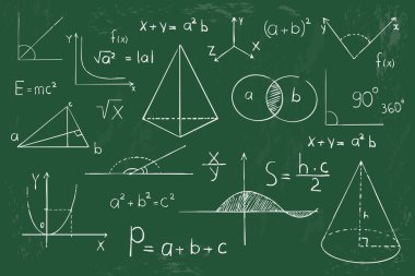 Tahta zemin üzerinde matematik geometrisi grafiği ve şekilleri. Fen karalama el çizimi elementlerini ayarla. Teorik çalışma formülü, hesaplamalar. Vektör illüstrasyonu