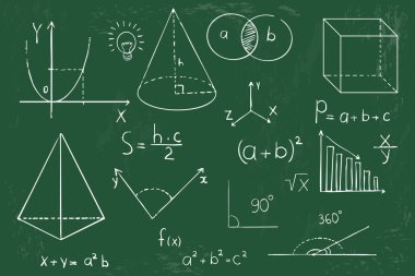 Tahta zemin üzerinde matematik geometrisi grafiği ve şekilleri. Fen karalama el çizimi elementlerini ayarla. Teorik çalışma formülü, hesaplamalar. Vektör illüstrasyonu