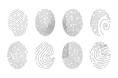 Parmak izi ikonu biyometrik kimliği, eşsiz tarama, beyaz arkaplanda çizgi imzası. Kimliğe dokunun, tarayıcı. Parmak izi ikonu. Vektör illüstrasyonu