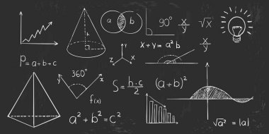 Tahta zemin üzerinde matematik geometrisi grafiği ve şekilleri. Fen karalama el çizimi elementlerini ayarla. Teorik çalışma formülü, hesaplamalar. Vektör illüstrasyonu