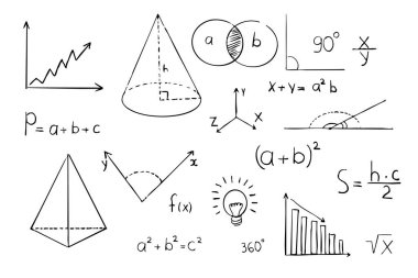 Tahta zemin üzerinde matematik geometrisi grafiği ve şekilleri. Fen karalama el çizimi elementlerini ayarla. Teorik çalışma formülü, hesaplamalar. Vektör illüstrasyonu