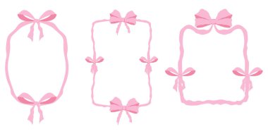 Coquette pembe kurdele dantel yay, pembe dalgalı kenar y2k retro seti. Estetik kadın dekoru. Dalgalı kurdele. El çizimi. Vektör illüstrasyonu