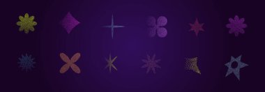 Kum tanesi dokusuna sahip soyut elementler, y2k retro grunge dotwork gradyanı. Yıldızlar çiçek açar. Noktalı holografik bulanıklık. Vektör illüstrasyonu