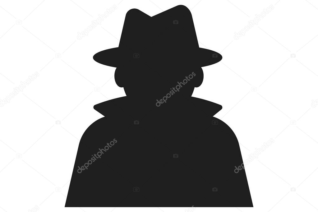 Incognito icon, mystery secret spy or detective silhouette, figure with hat glass or mask. Anonymous invisible character figure. . Vector illustration