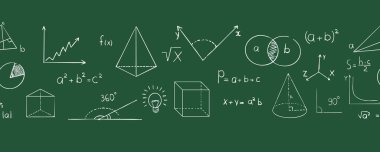 Matematik karalama el çizimi sınır, formül, geometrik şekiller, tebeşir dokusu. Okul fen dersi. Kusursuz illüstrasyon çalışın. Vektör illüstrasyonu