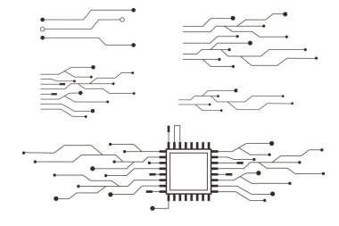 Devre çizgisi mikroçip, yazılım. Entegre ana kart, bağlantılar. Yenilikçi Elektronik Ağ. Teknoloji arka planı, tasarım elemanları geometrik ve bağlantı sistemi. Vektör illüstrasyonu