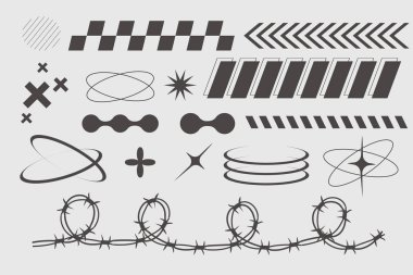 Y2k geometrik elementler kenar ayarlı, kalbi alevlerle dolu, dikenli teller, şebeke deseni. Eski moda siber tasarım elementleri. - Evet. Vektör illüstrasyonu