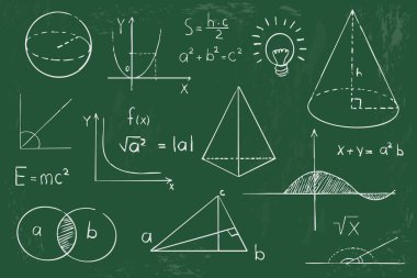 Tahta zemin üzerinde matematik geometrisi grafiği ve şekilleri. Fen karalama el çizimi elementlerini ayarla. Teorik çalışma formülü, hesaplamalar. Vektör illüstrasyonu