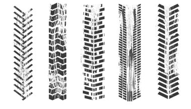 Lastik izi, tekerlek izi, grunge desenli iz silueti. Üst manzara, parmak izi fırçası darbesi tozu. Hızlı ralli kirli kauçuk yolu. Vektör illüstrasyonu