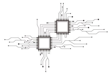 Devre çizgisi mikroçip, yazılım. Entegre ana kart, bağlantılar. Yenilikçi Elektronik Ağ. Teknoloji arka planı, tasarım elemanları geometrik ve bağlantı sistemi. Vektör illüstrasyonu