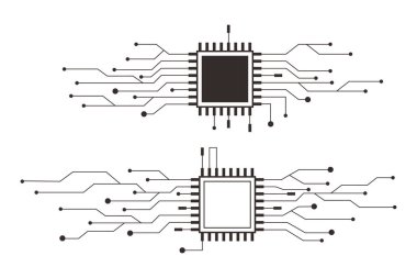 Devre çizgisi mikroçip, yazılım. Entegre ana kart, bağlantılar. Yenilikçi Elektronik Ağ. Teknoloji arka planı, tasarım elemanları geometrik ve bağlantı sistemi. Vektör illüstrasyonu